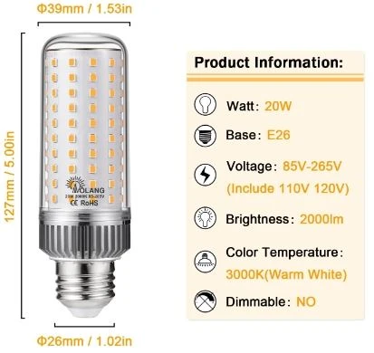20W Corn Light Bulb 180W Equivalent, 3000K Warm White, 2000LM, Non-dimmable, Flicker Free - 3 Pack